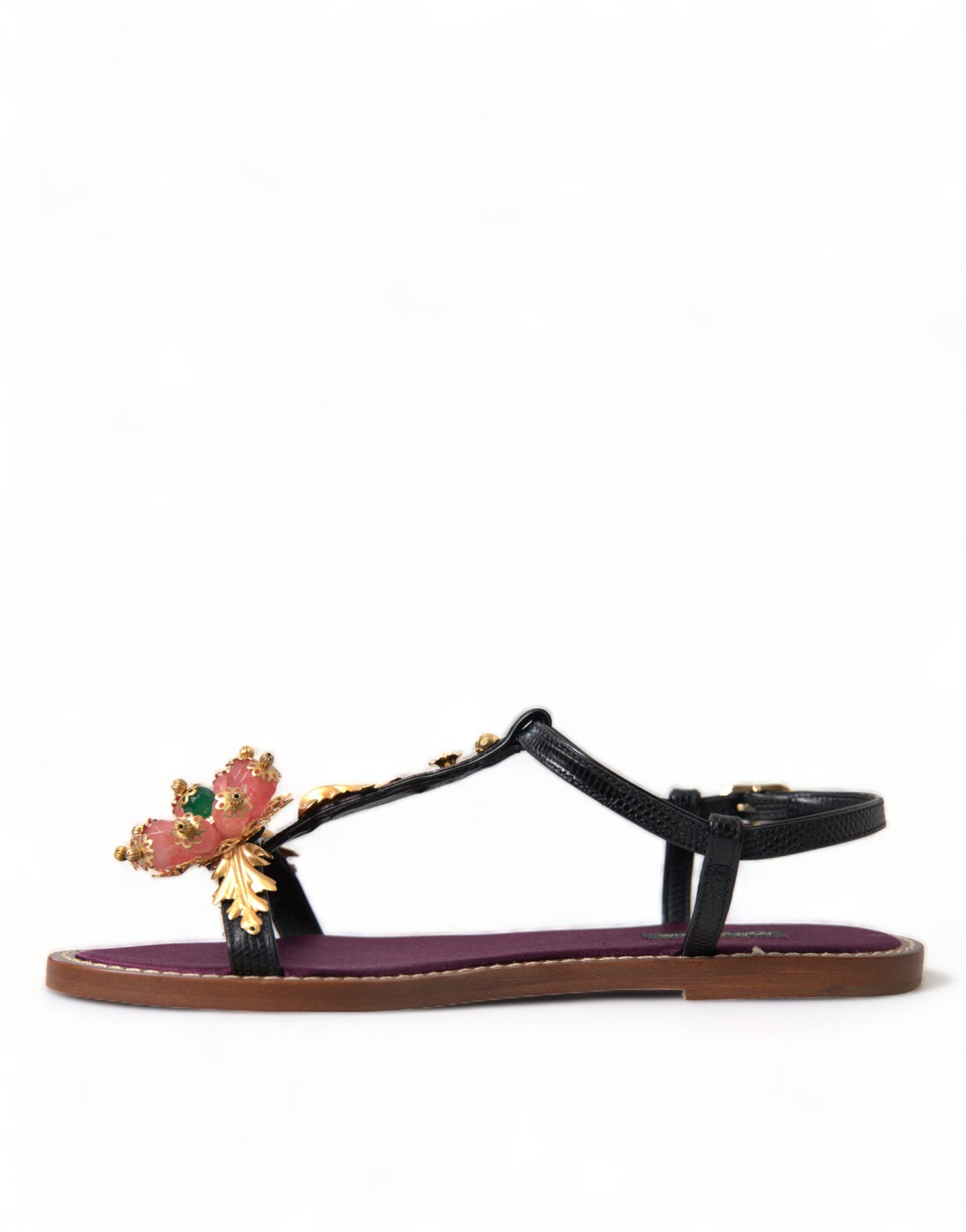 Dolce &amp; Gabbana Schwarze Kristall-Gold-Sandalen Lederschuhe