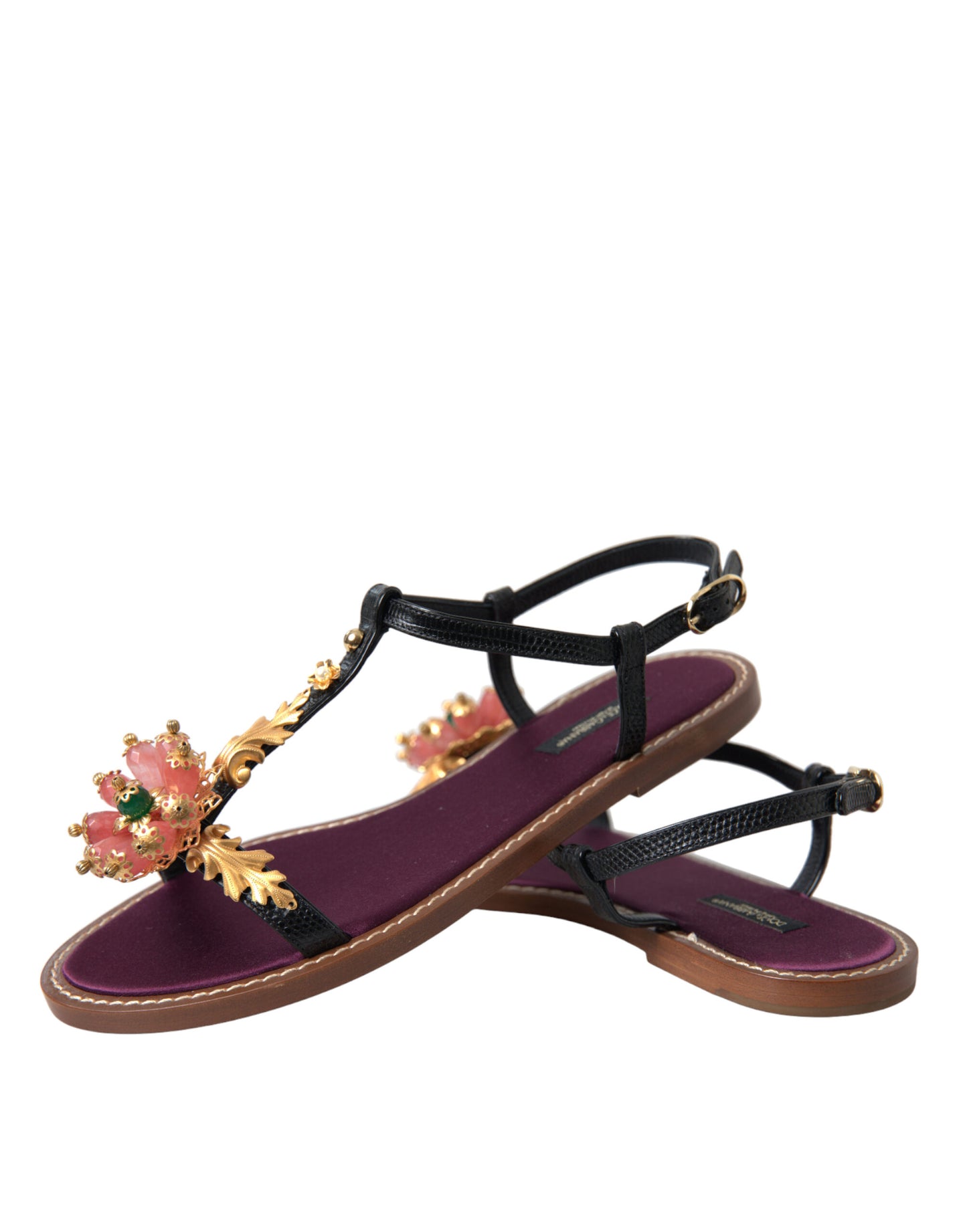 Dolce &amp; Gabbana Sandales en cuir noir avec cristaux dorés