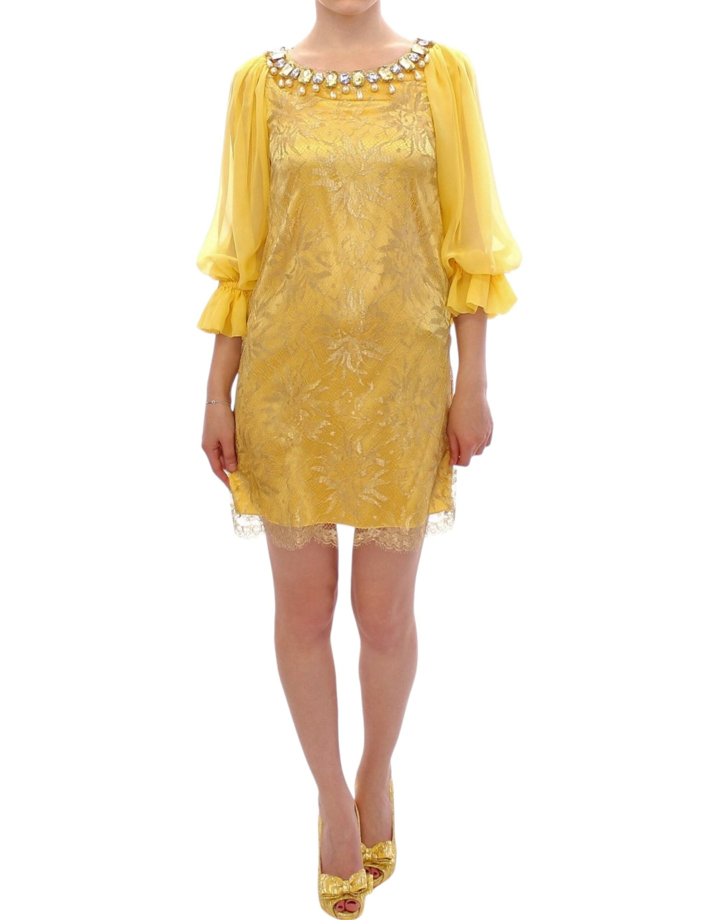 Dolce &amp; Gabbana Mini-robe en dentelle jaune avec cristaux