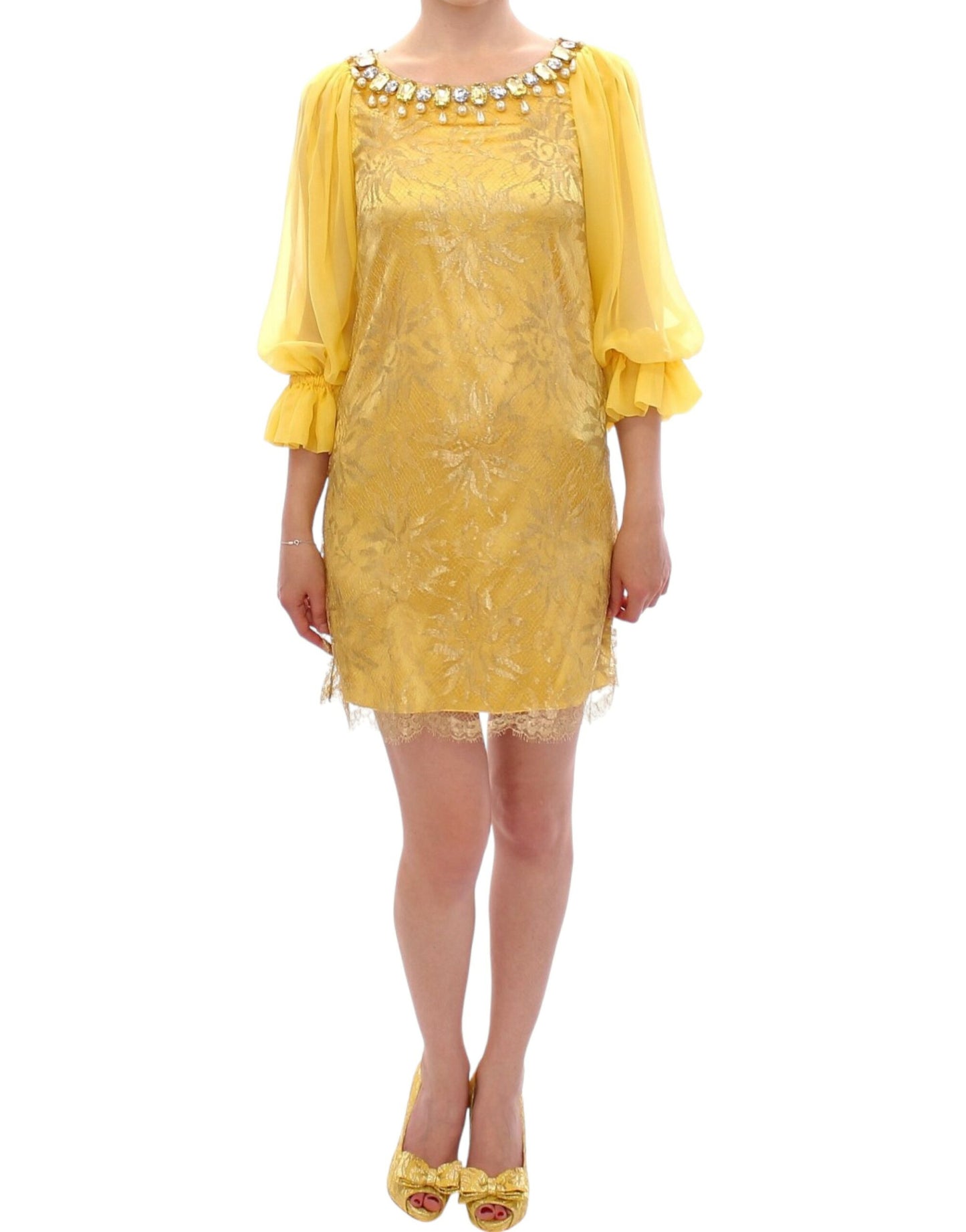 Dolce &amp; Gabbana Mini-robe en dentelle jaune avec cristaux