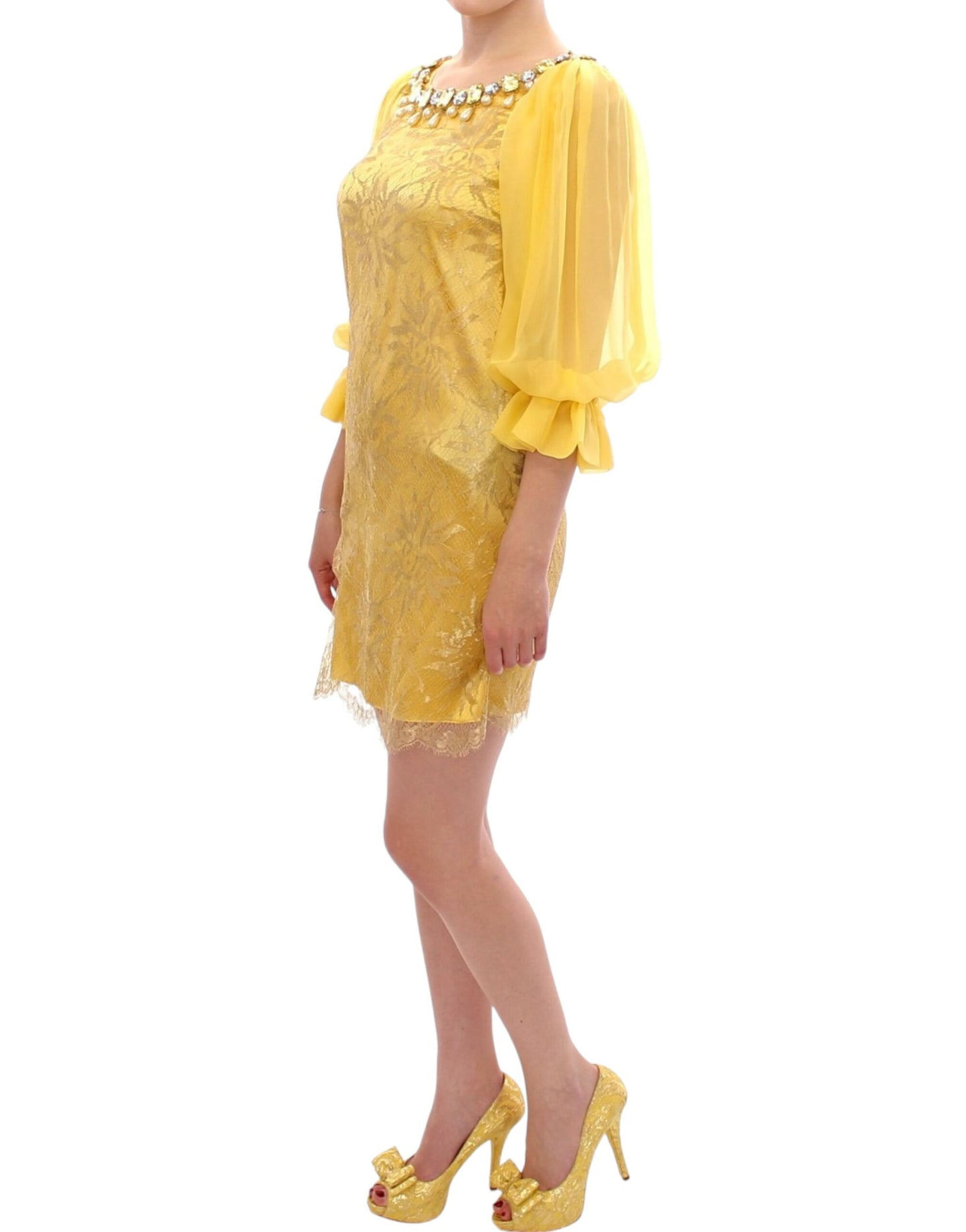 Dolce &amp; Gabbana Mini-robe en dentelle jaune avec cristaux