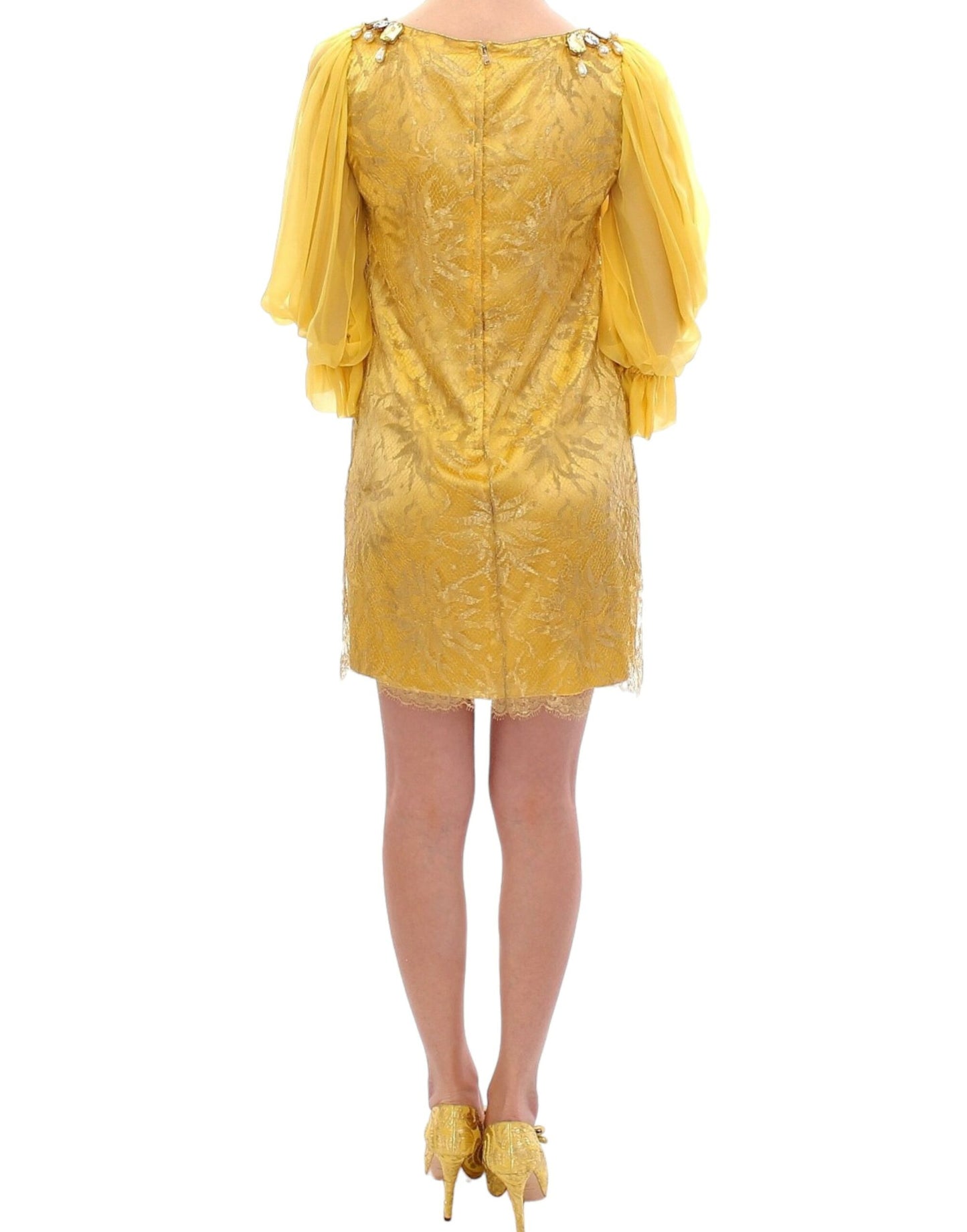 Dolce &amp; Gabbana Mini-robe en dentelle jaune avec cristaux