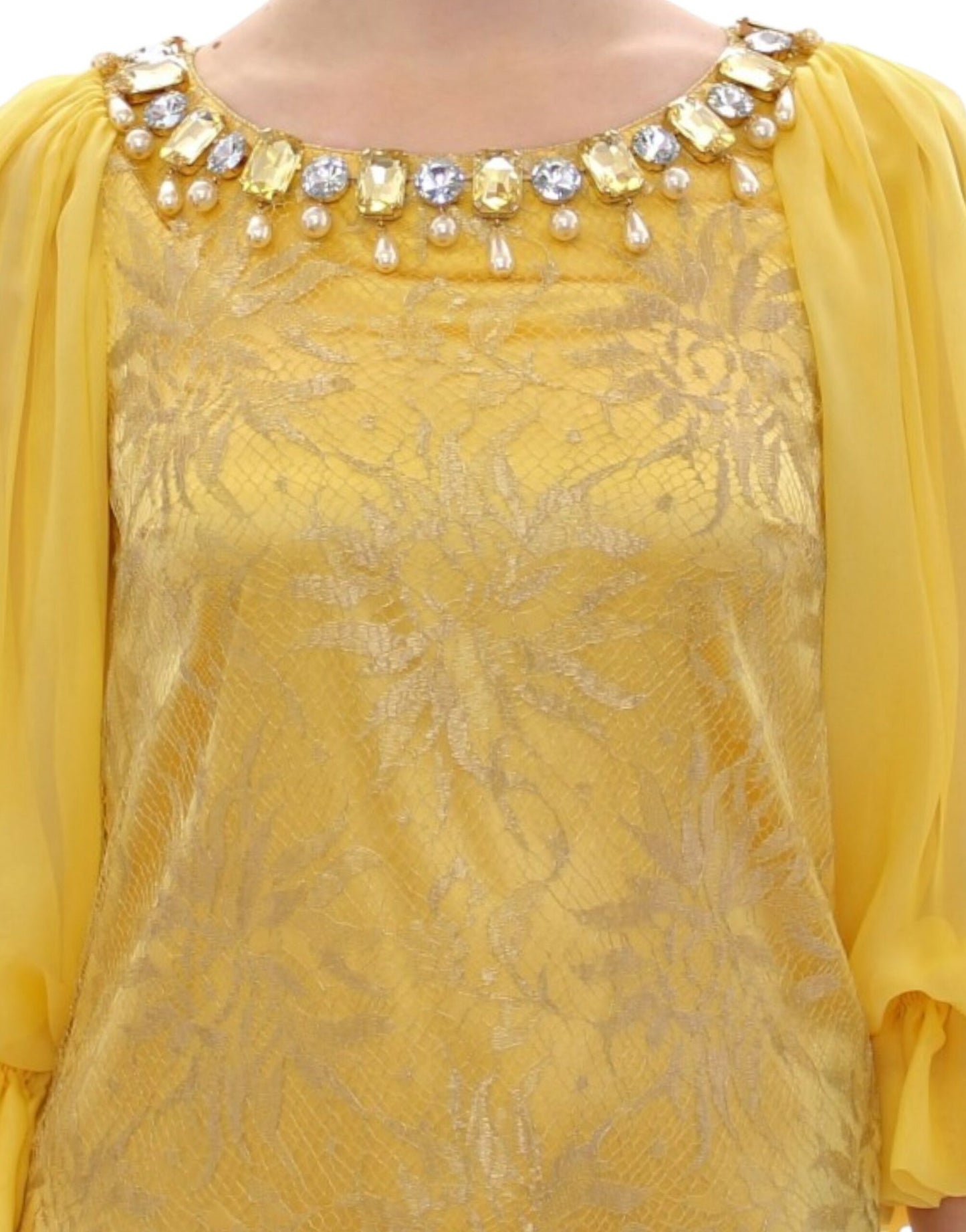 Dolce &amp; Gabbana Mini-robe en dentelle jaune avec cristaux