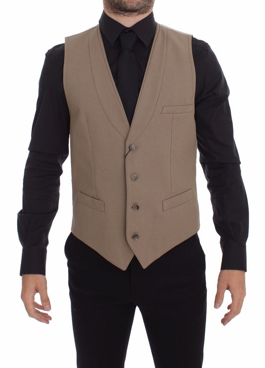 Dolce &amp; Gabbana Gilet habillé en coton beige coupe slim boutonnée sur le devant