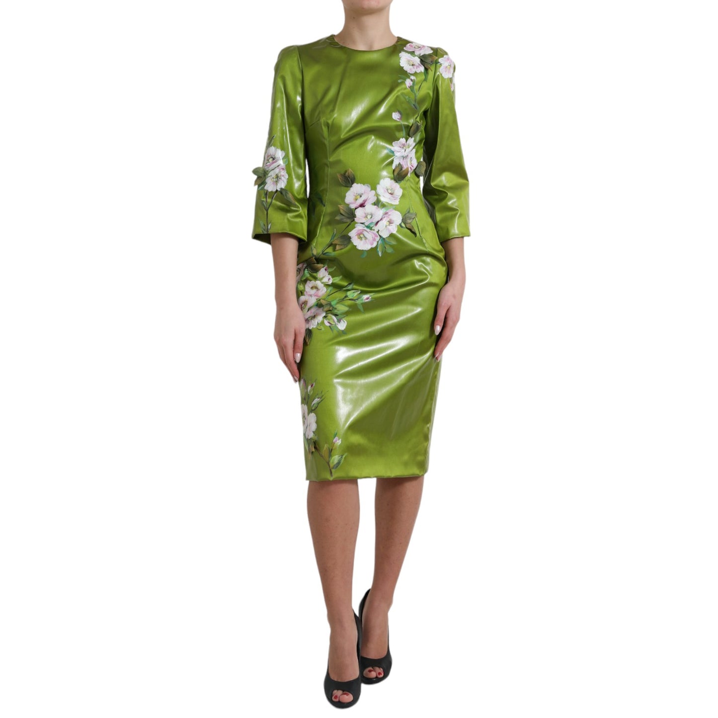 Dolce &amp; Gabbana Robe fourreau mi-longue verte à ornements floraux