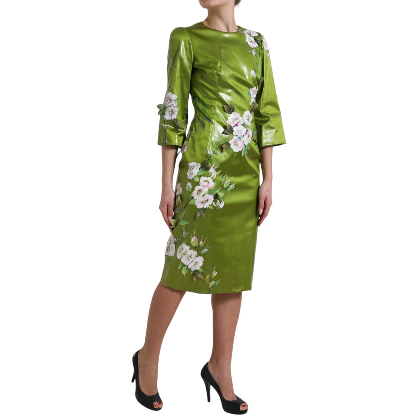 Dolce &amp; Gabbana Robe fourreau mi-longue verte à ornements floraux