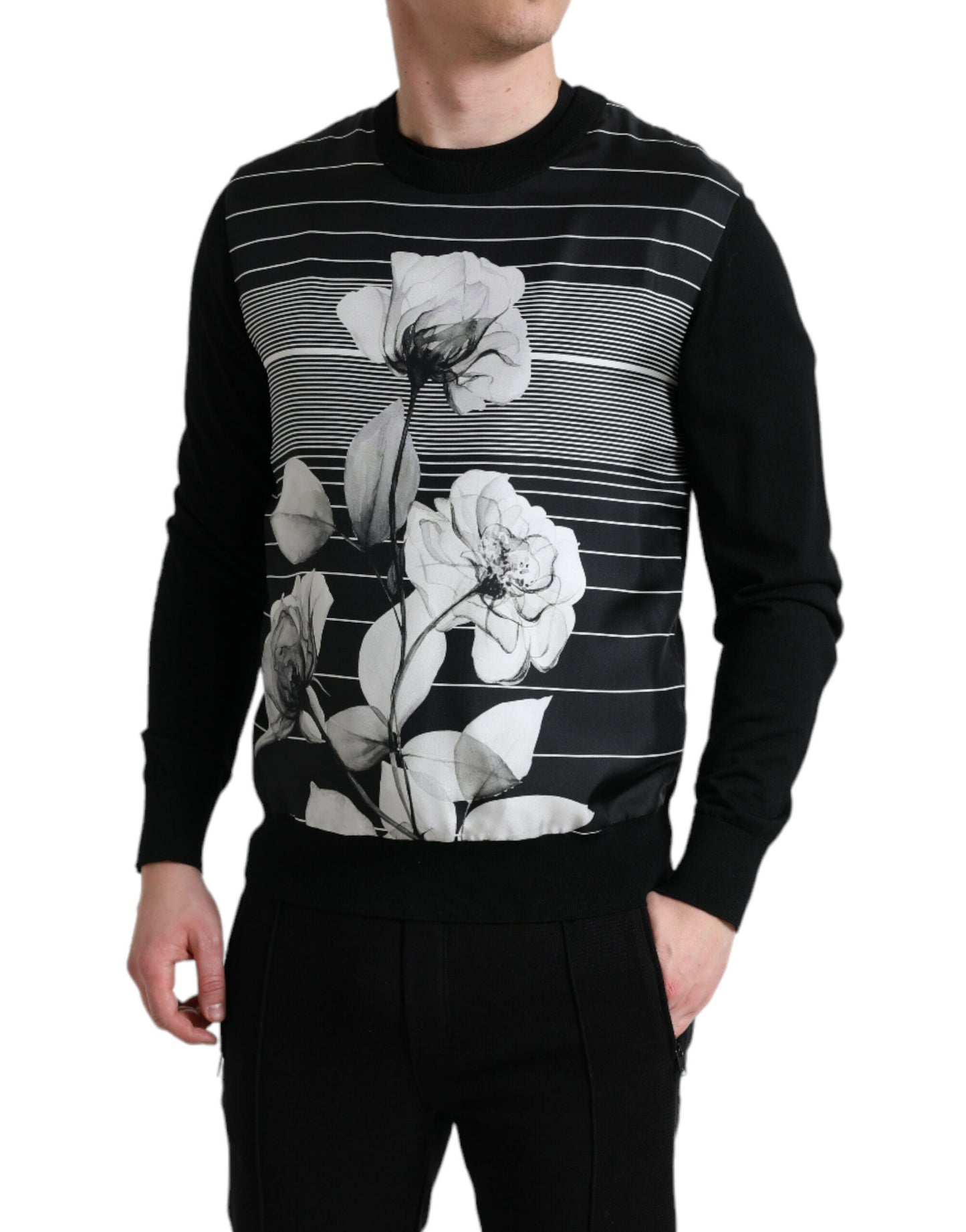 Dolce &amp; Gabbana Schwarzer Woll-Seidenpullover mit Blumendruck