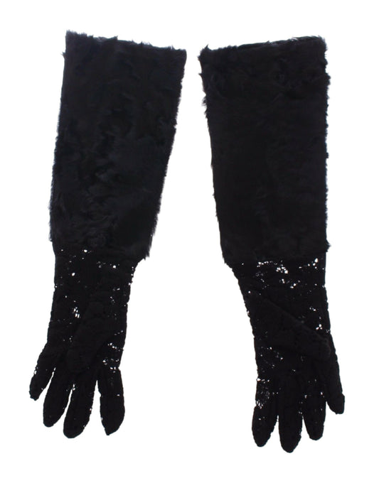 Dolce &amp; Gabbana Gants de coude en laine d'agneau et fourrure noire en dentelle