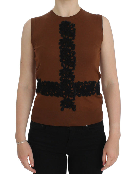 Dolce &amp; Gabbana Haut pull en laine marron et dentelle noire