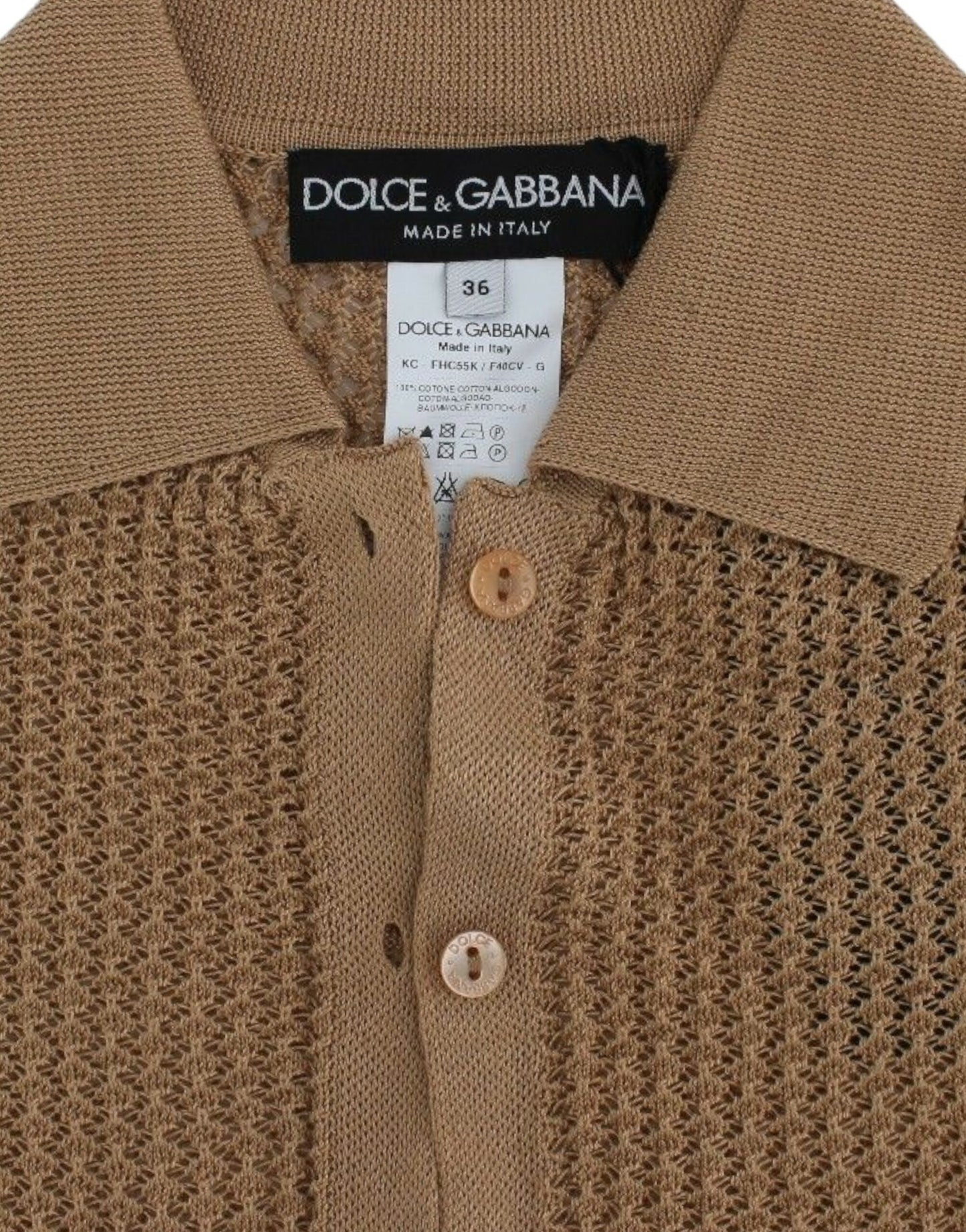 Beige gestrickter Polo-Cardigan-Pullover aus Baumwolle von Dolce &amp; Gabbana