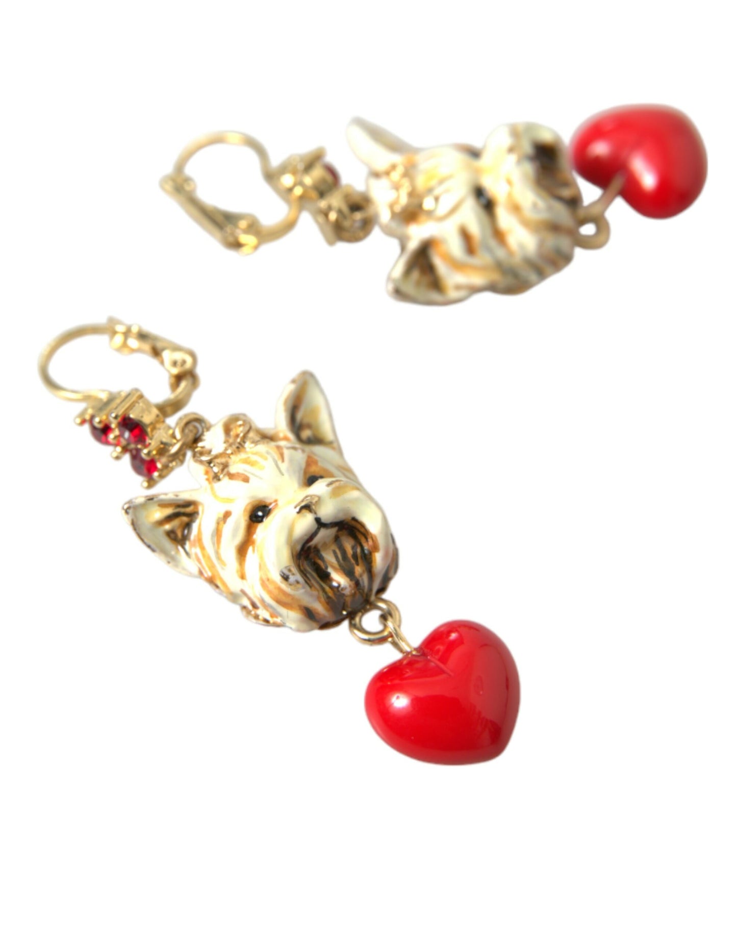 Dolce & Gabbana Gold Brass Heart Dog Red Crystal Dangling Earrings