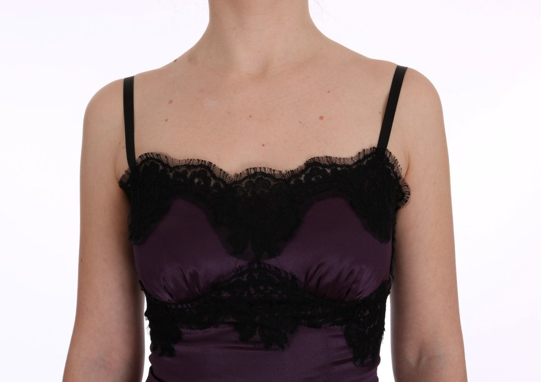 Dolce &amp; Gabbana Robe en dentelle noire extensible en soie violette