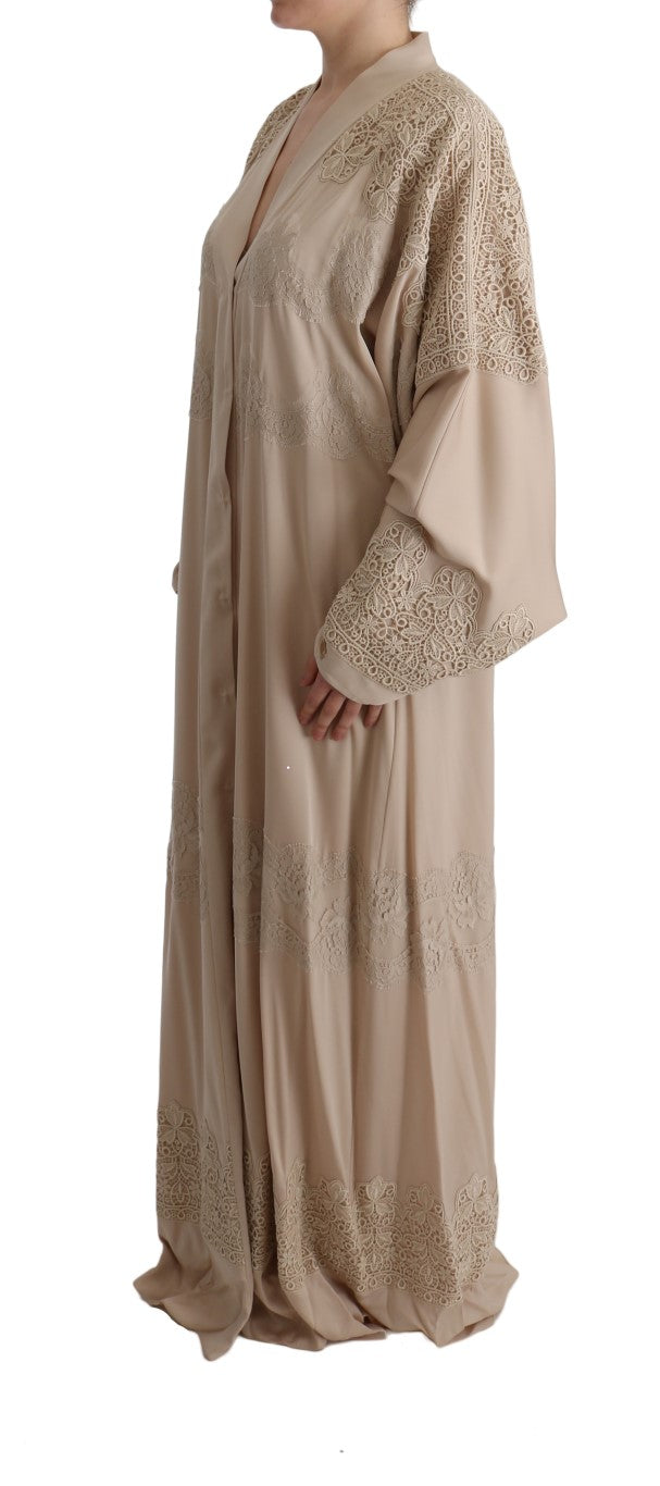 Dolce &amp; Gabbana Robe caftan beige en dentelle avec appliques florales