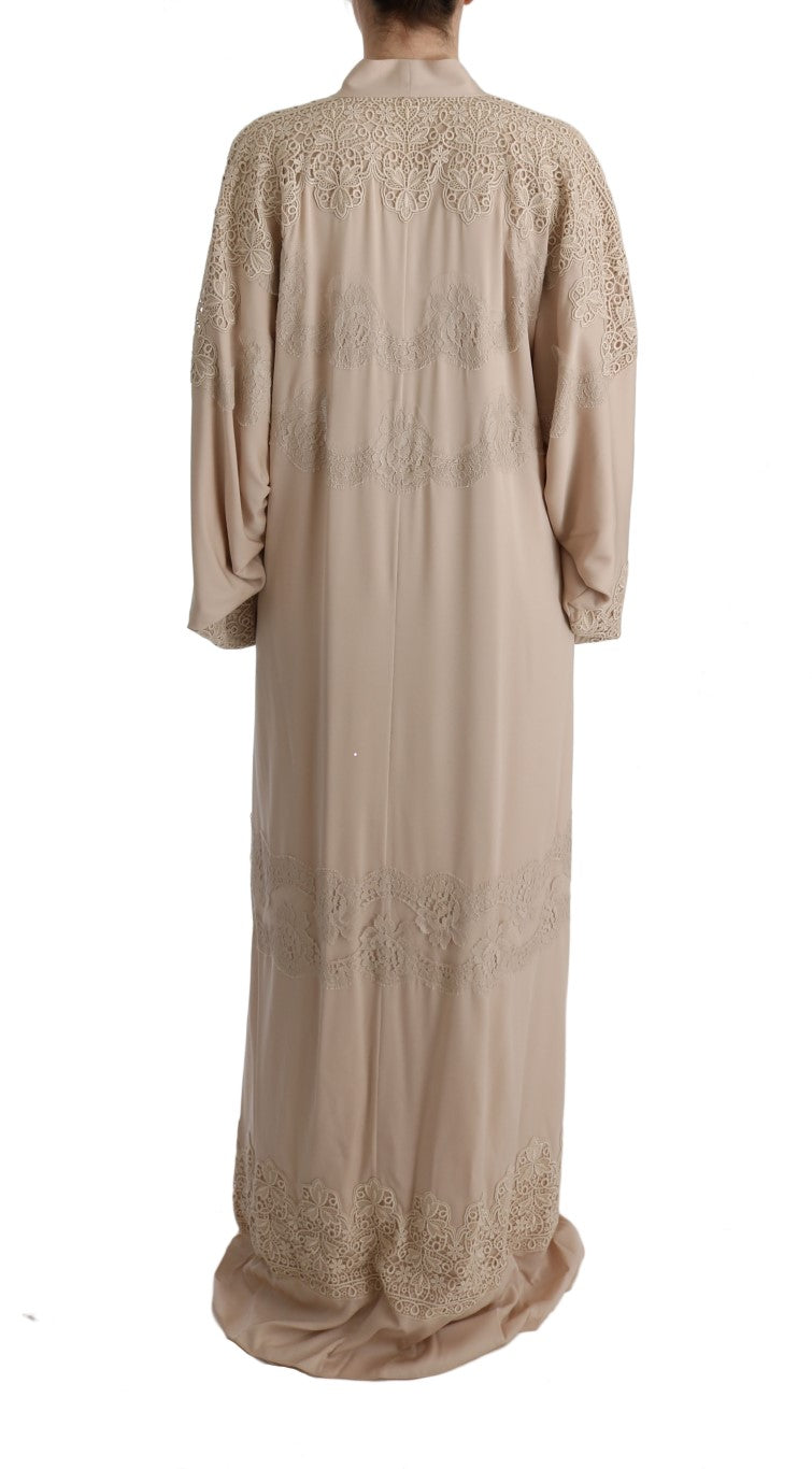 Dolce &amp; Gabbana Robe caftan beige en dentelle avec appliques florales