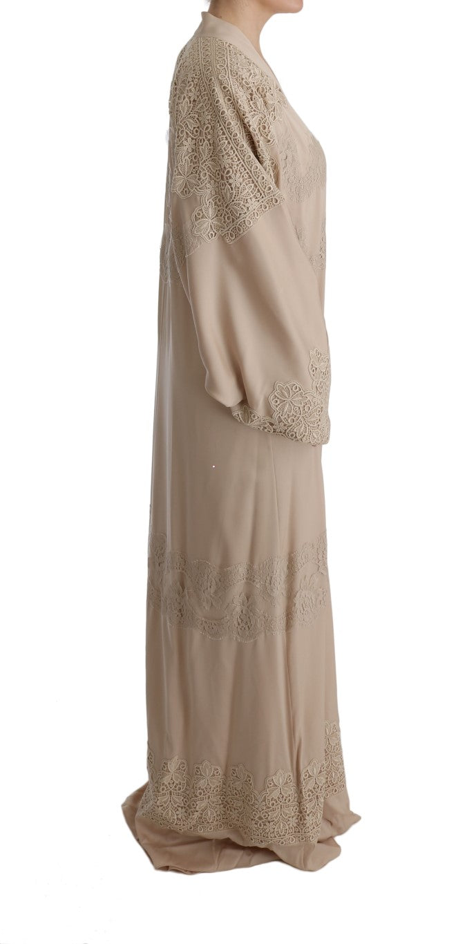 Dolce &amp; Gabbana Robe caftan beige en dentelle avec appliques florales