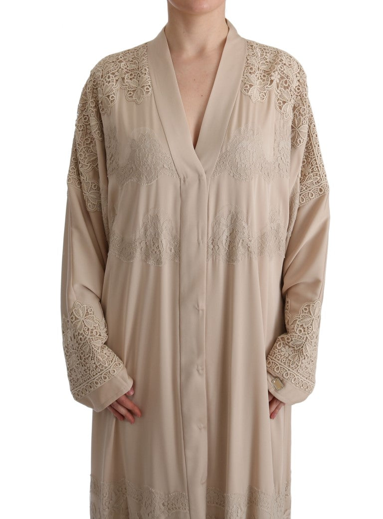 Dolce &amp; Gabbana Robe caftan beige en dentelle avec appliques florales