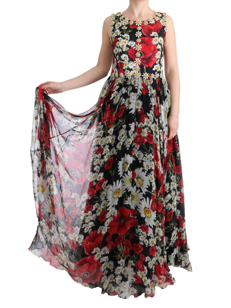 Dolce &amp; Gabbana Robe longue longue en soie florale et cristaux multicolores