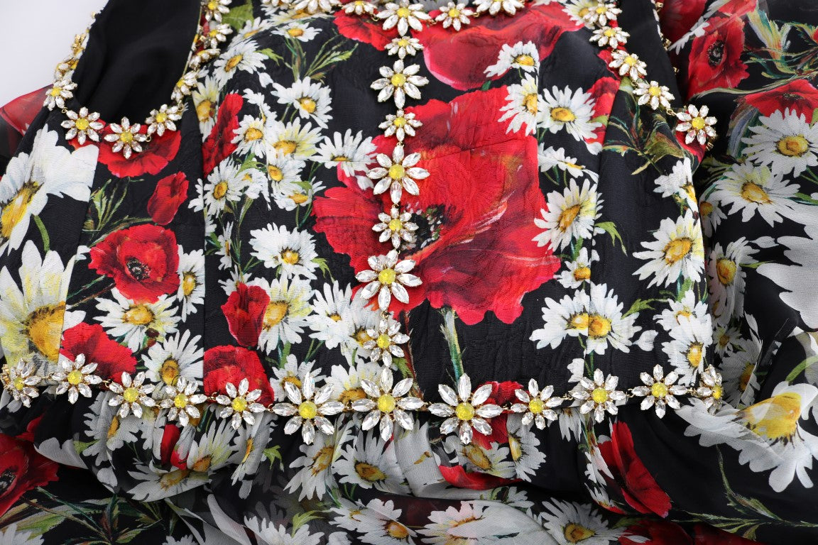 Dolce &amp; Gabbana Langes Maxikleid aus mehrfarbiger Seide mit Blumenmuster und Kristallen