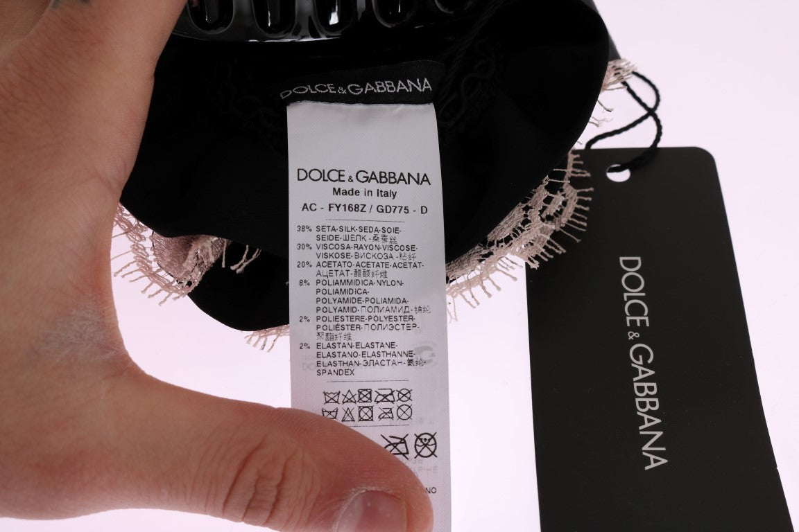 Dolce &amp; Gabbana Pince à cheveux en dentelle florale rose en soie noire