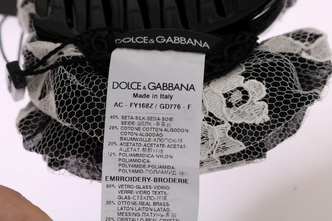 Dolce &amp; Gabbana Pince à cheveux en cristal en dentelle florale noire et blanche