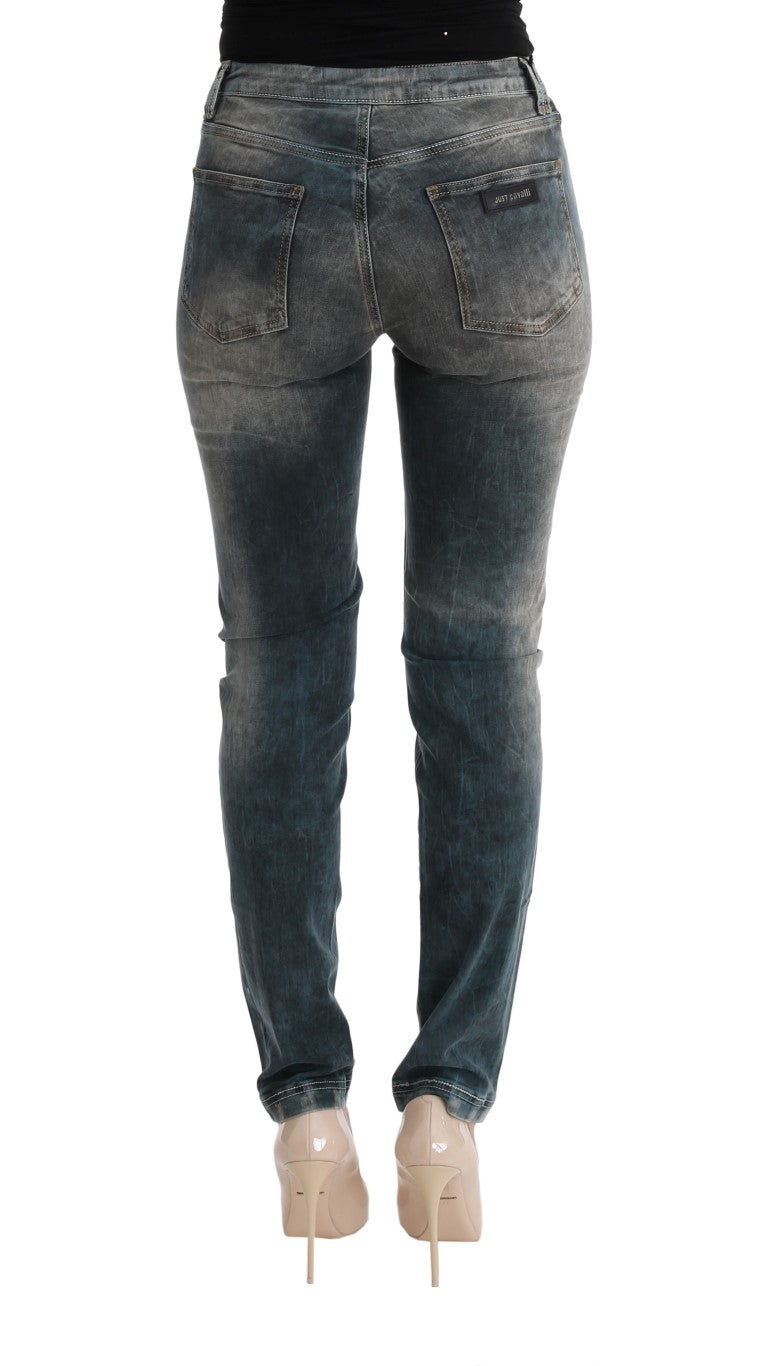 Cavalli - Jean slim en coton mélangé bleu délavé