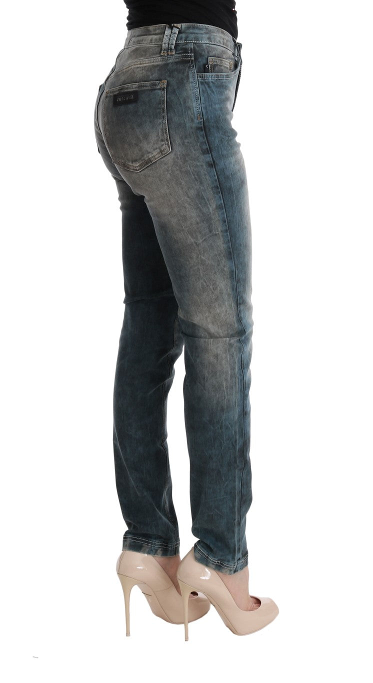 Cavalli - Jean slim en coton mélangé bleu délavé