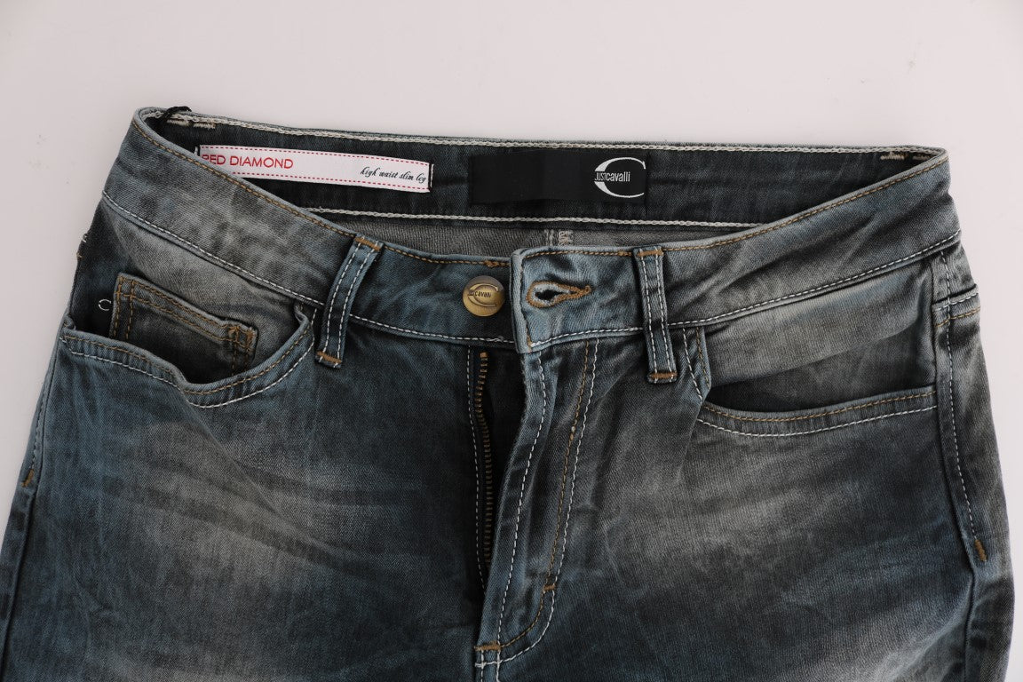 Cavalli - Jean slim en coton mélangé bleu délavé