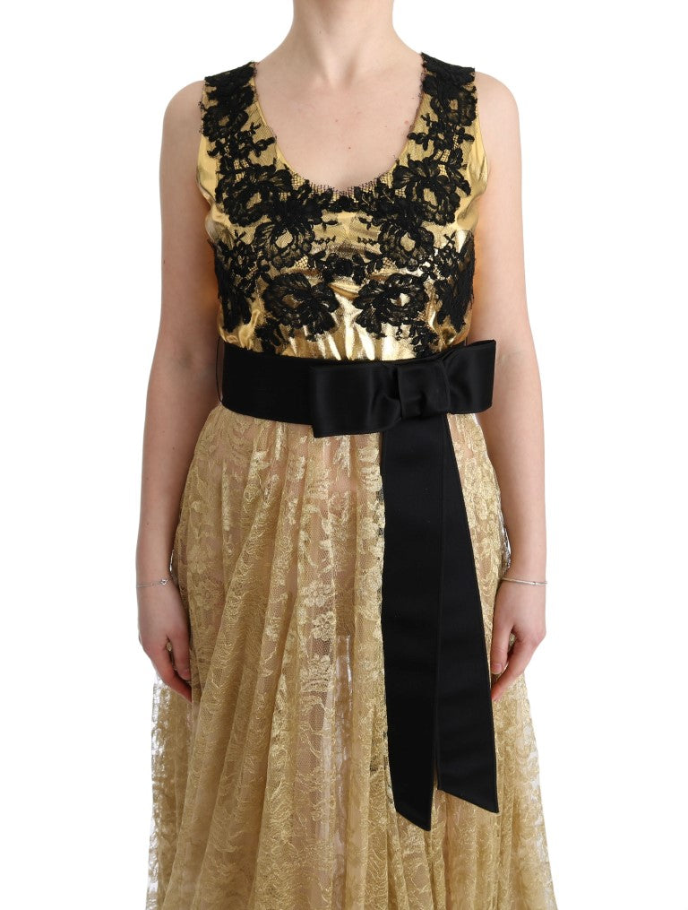 Dolce &amp; Gabbana Goldschwarzes Spitzenkleid mit Blumenmuster