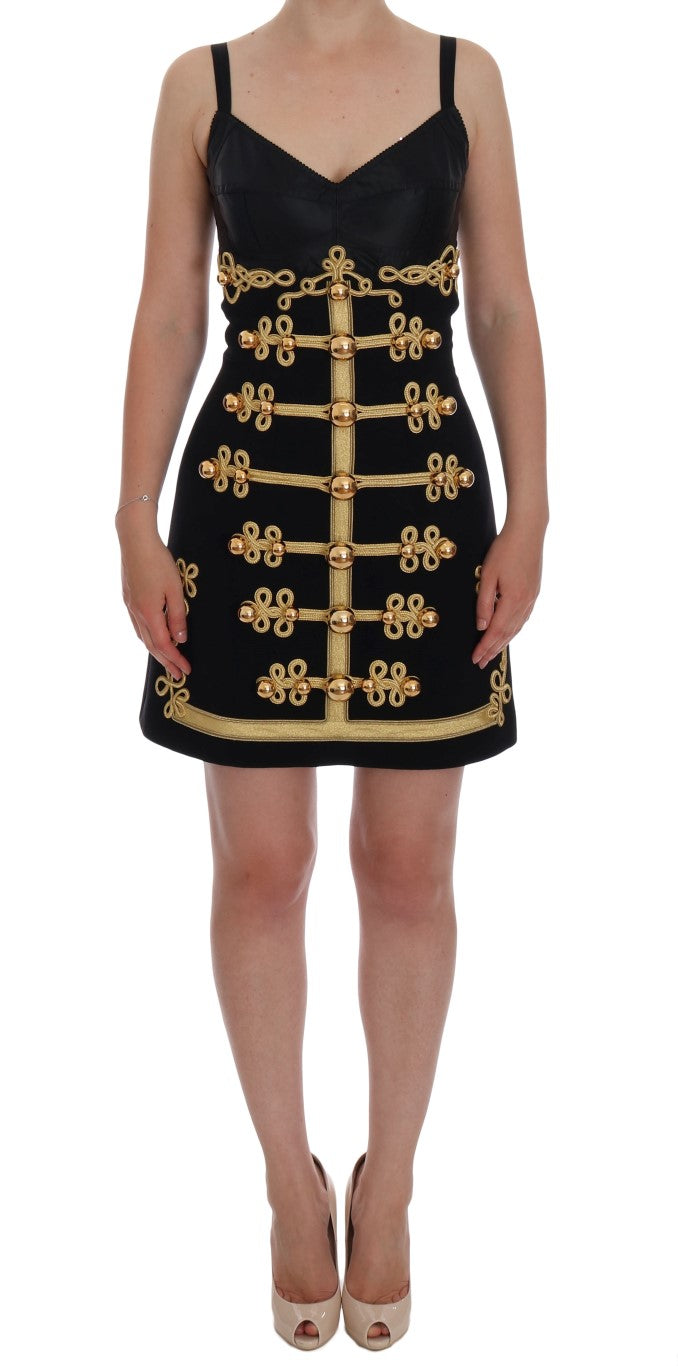 Dolce &amp; Gabbana A-Linien-Kleid aus schwarzem Wollstretch in Gold