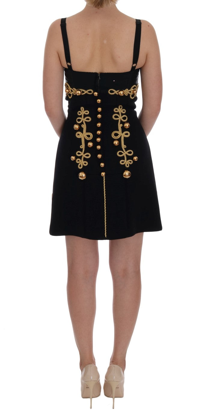 Dolce &amp; Gabbana A-Linien-Kleid aus schwarzem Wollstretch in Gold