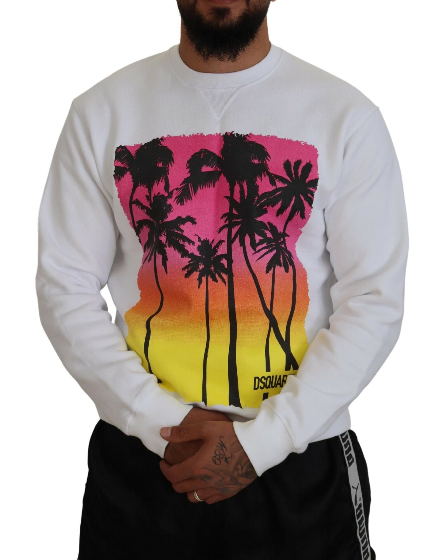 Dsquared² White Cotton Printed Long Sleeves Pullover Sweater