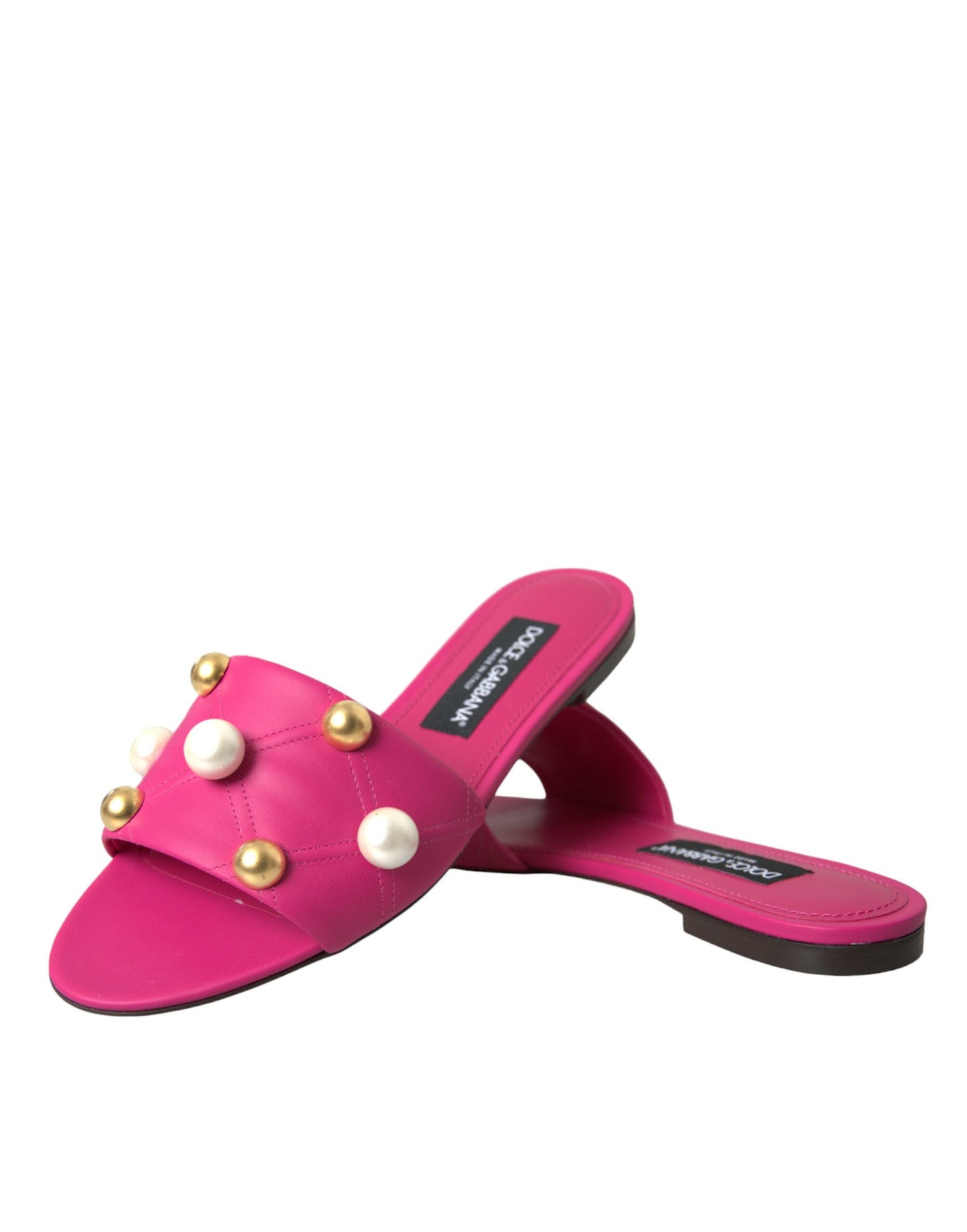 Dolce & Gabbana Pink Embellished Leather Flats Sandals Shoes