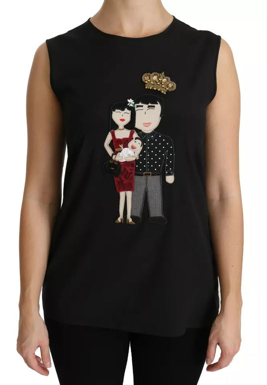 Dolce & Gabbana Black Silk DG Family Crystal Sleeveless Top