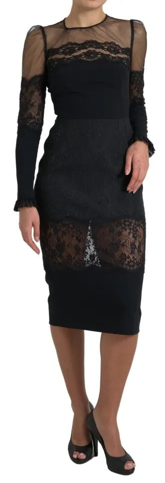 Dolce & Gabbana Black Sheer Floral Lace Sheath Midi Dress