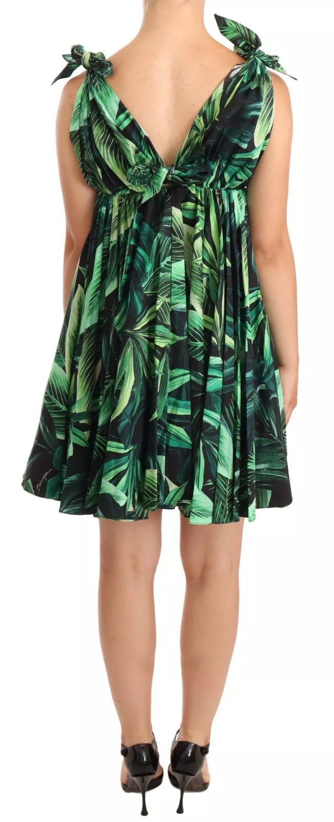 Dolce & Gabbana Green Leaves Print Cotton Flared Mini Dress