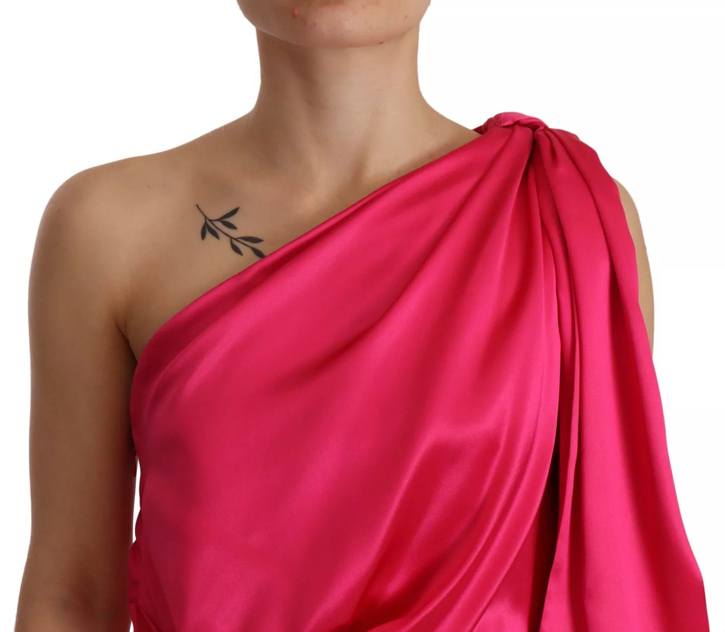 Dolce & Gabbana Silk Pink Fitted Cut One Shoulder Midi Dress