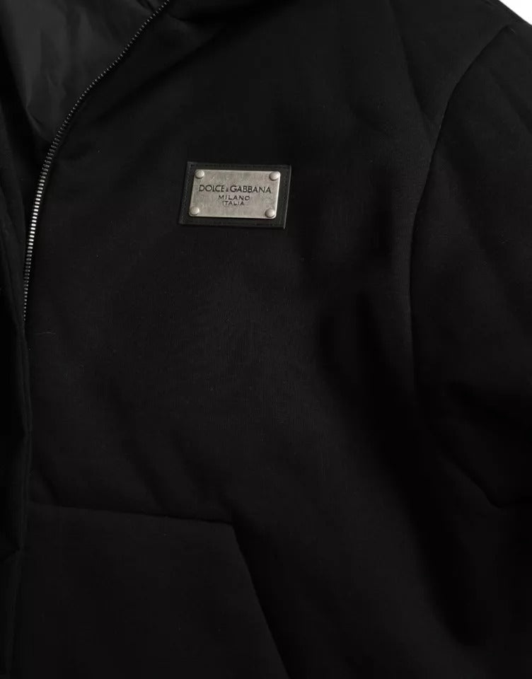 Dolce & Gabbana Black Cotton Hooded Logo Bomber Jacket