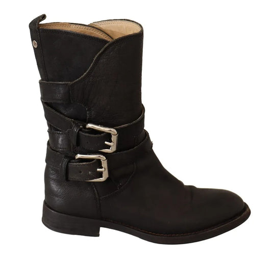 Dolce & Gabbana Black Leather Buckle Mid Calf Boots Shoes