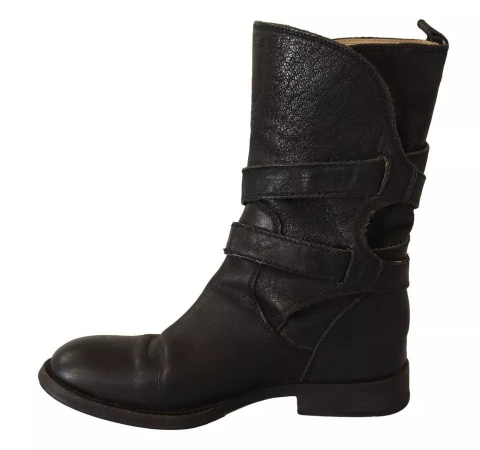 Dolce & Gabbana Black Leather Buckle Mid Calf Boots Shoes