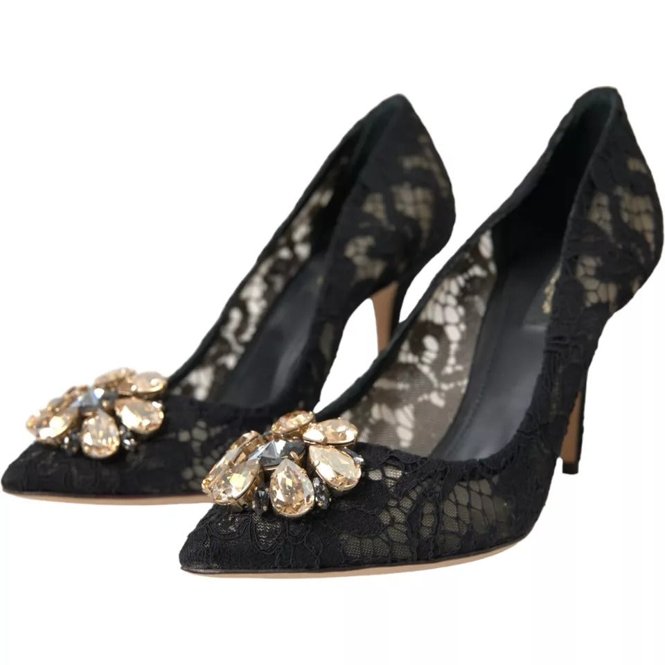 Dolce & Gabbana Black Taormina Lace Crystal Heel Pumps Shoes