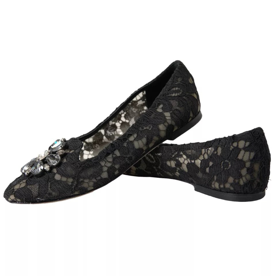 Dolce & Gabbana Black Taormina Lace Crystals Flats Shoes