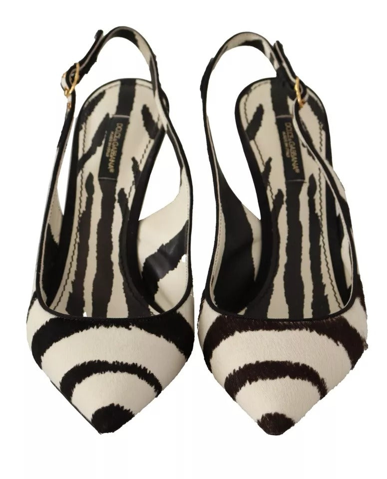 Dolce & Gabbana Black White Zebra Leather Heels Slingback Shoes