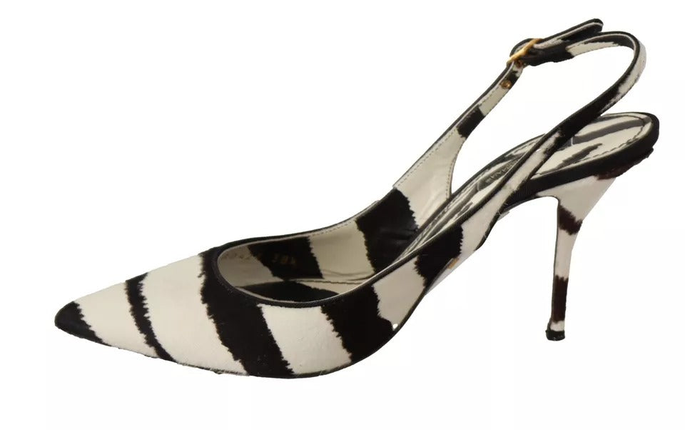 Dolce & Gabbana Black White Zebra Leather Heels Slingback Shoes