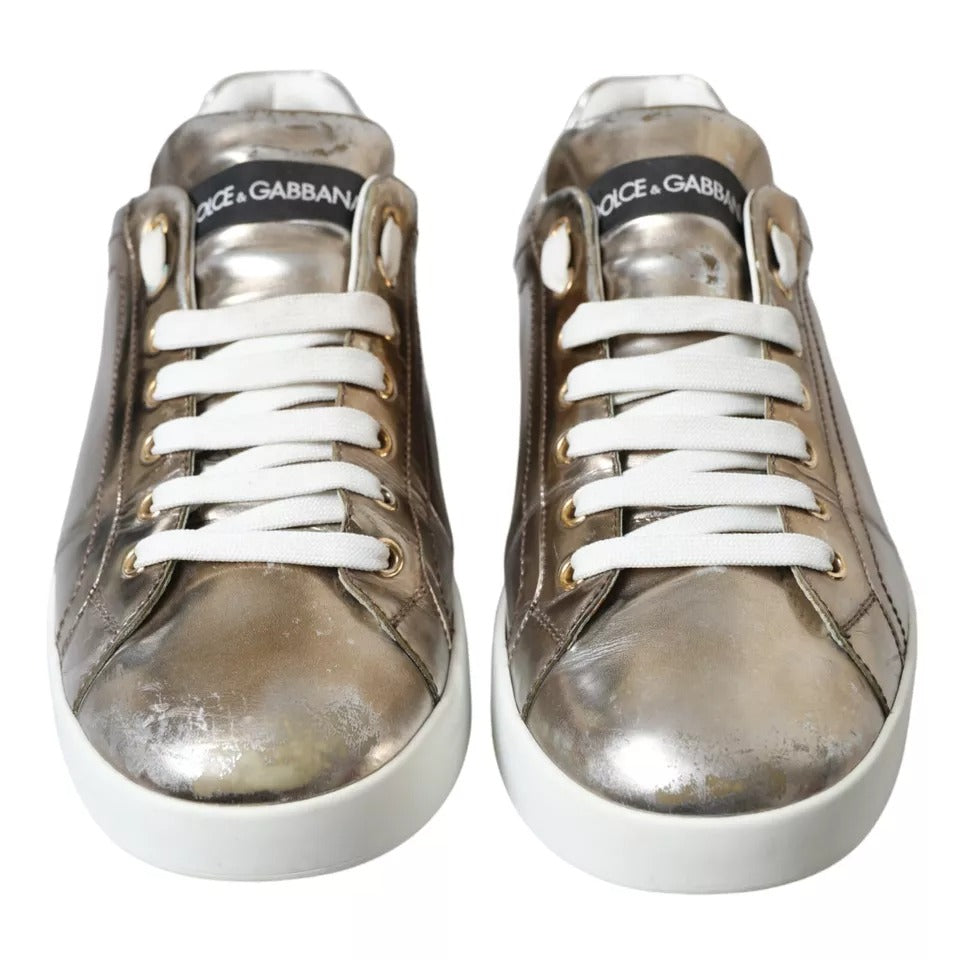 Dolce & Gabbana Bronze Leather Logo Sneaker Portofino Shoes