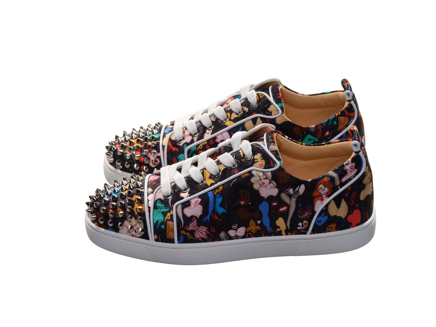 Christian Louboutin Louis Junior Spikes Orlato Crepe Satin Multicolour Limited Edition Dr Bored Print Sneakers