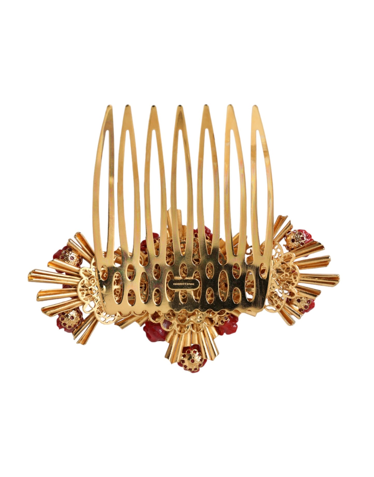 Dolce & Gabbana Gold Brass Crystal Heart Floral Hair Comb