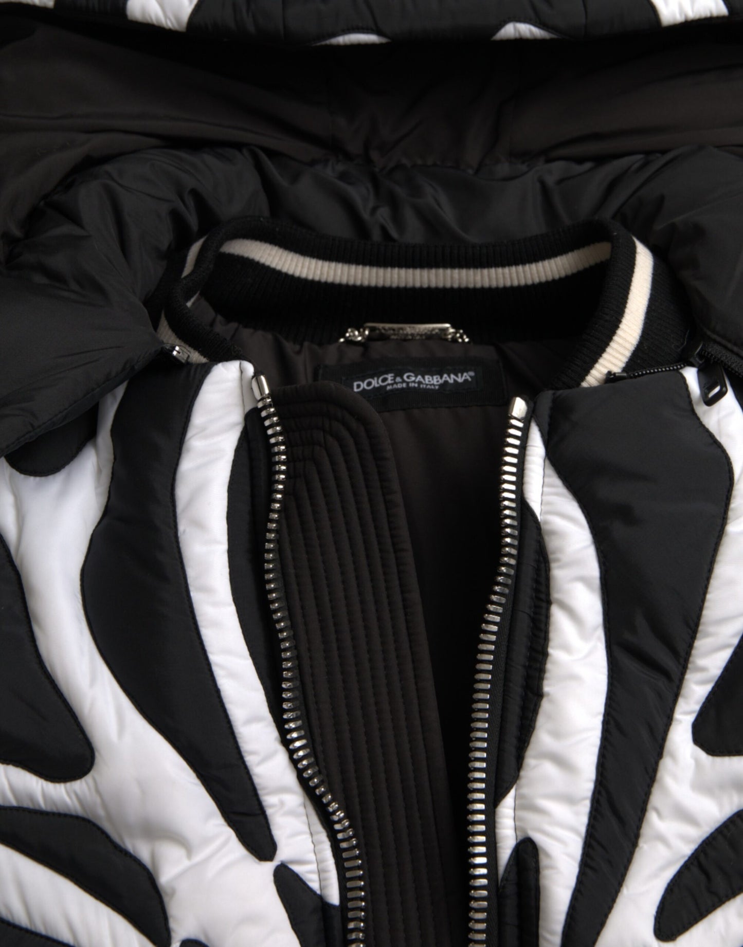 Dolce & Gabbana Black White Stripes Hooded Puffer Jacket