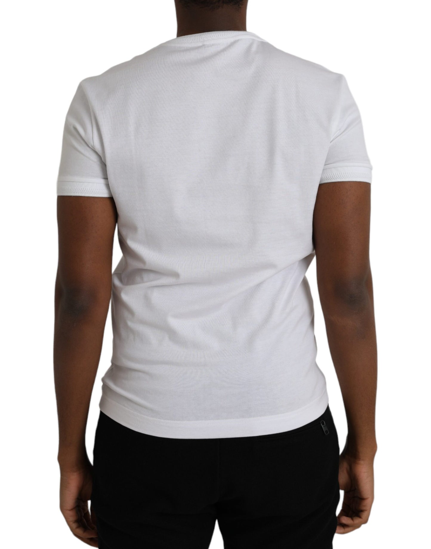 Dolce & Gabbana White Cotton Logo Plaque V-neck Men T-shirt