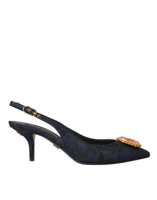 Dolce & Gabbana Blue Jacquard Crystal Slingback Heel Shoes