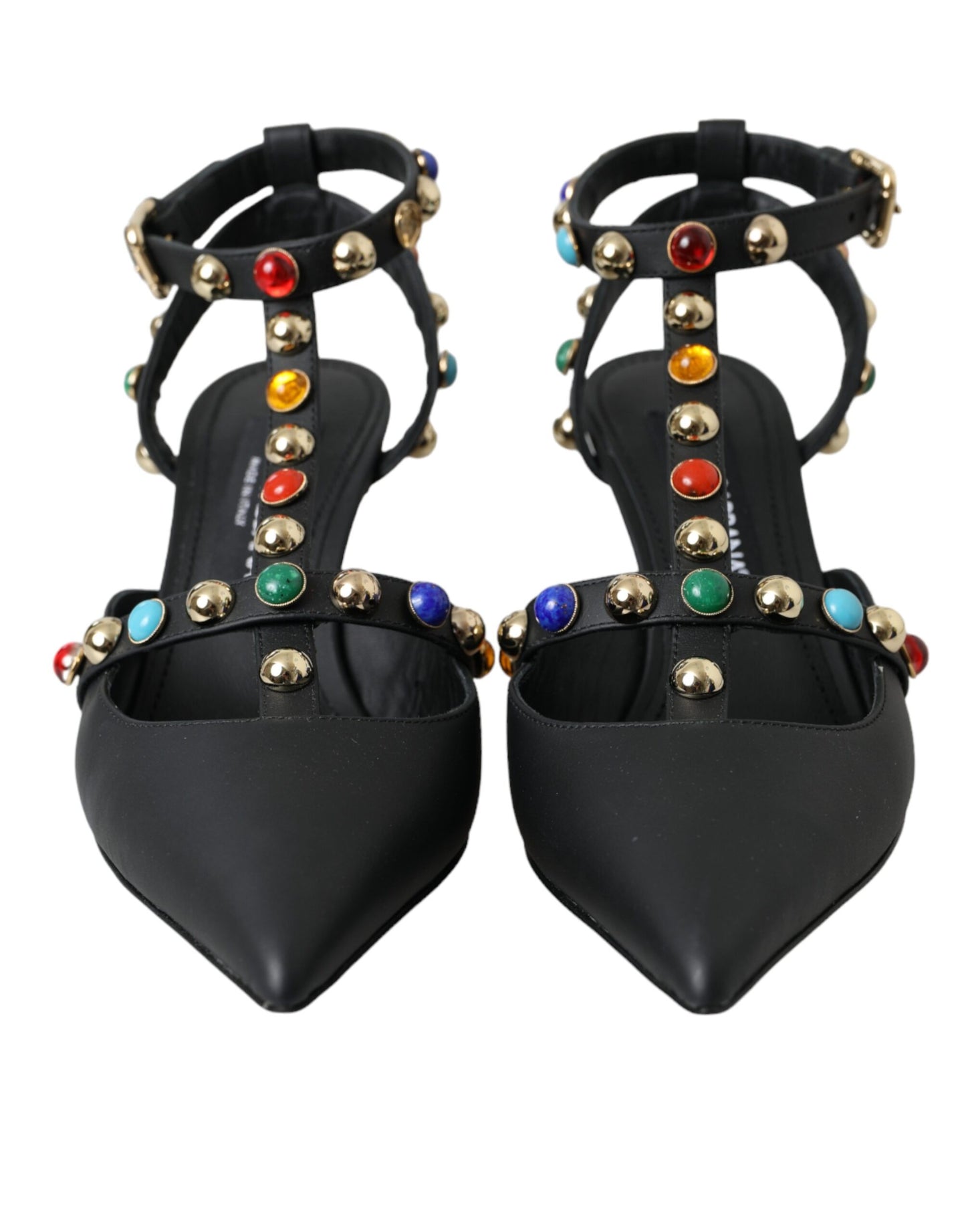 Dolce & Gabbana Black Leather Embellished Heels Sandal Shoes